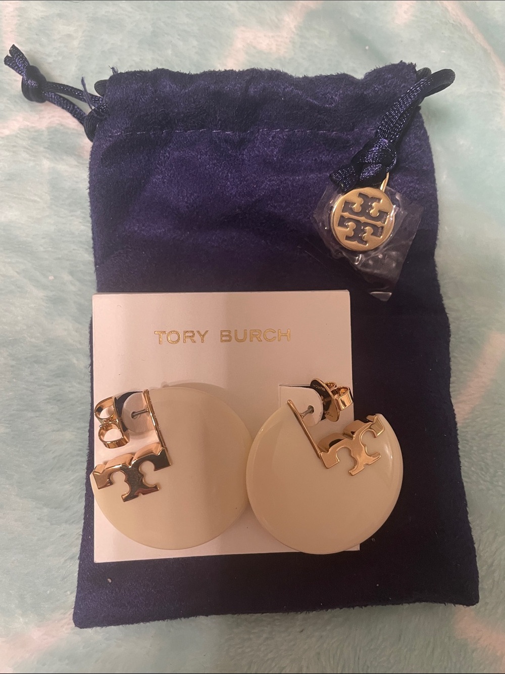 Tory Burch Cream and Gold Round Logo Drop Earrings